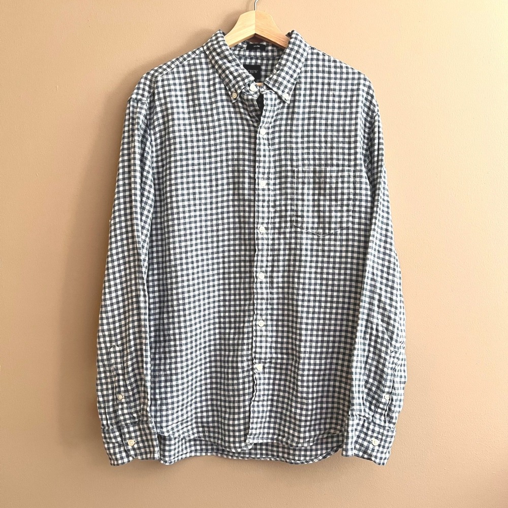 J.Crew Slim Fit Gingham Linen Cotton Shirt Mens Large Blue White Button Down